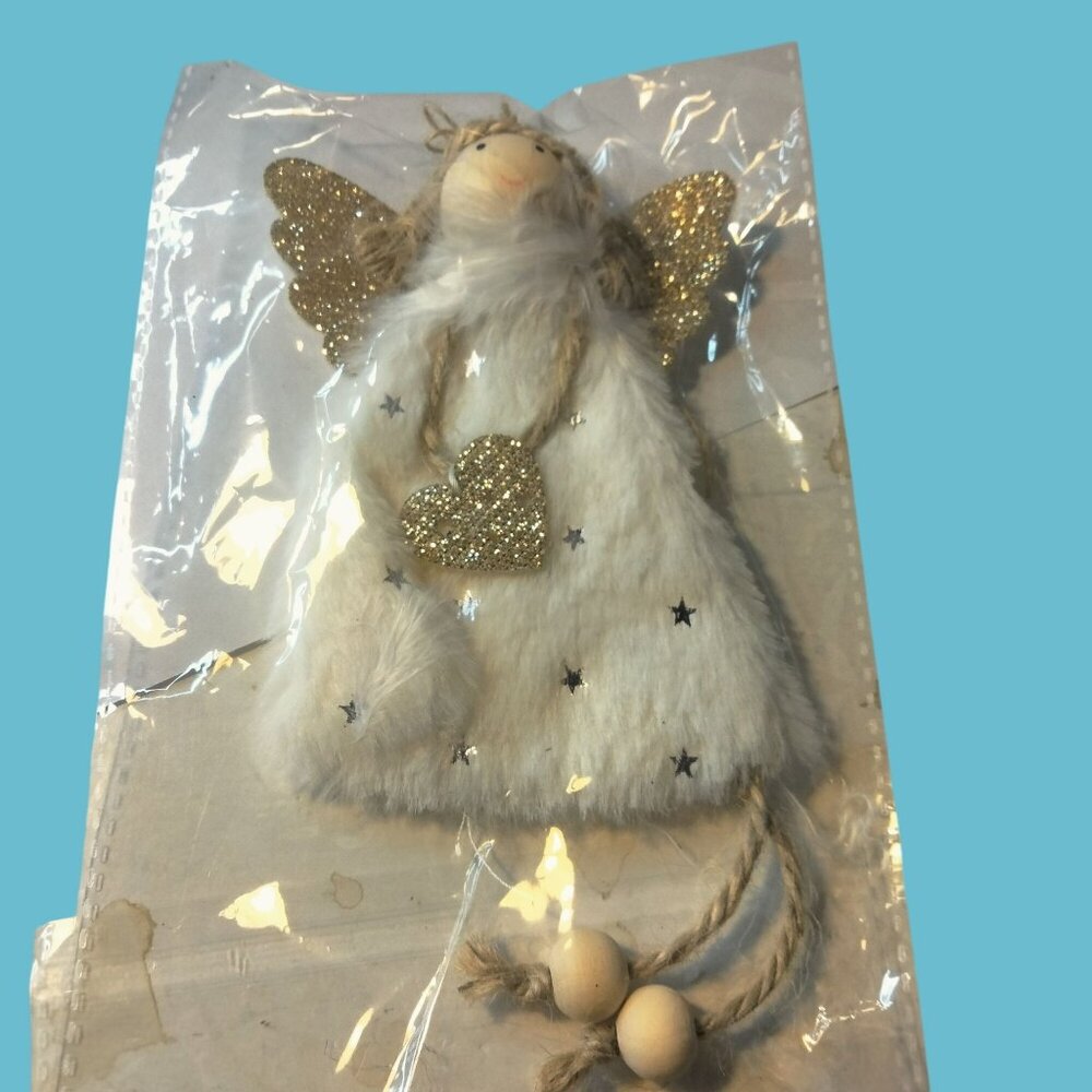 Angel Hanging Ornament White Faux Fur Dress Gold Glitter Wings Holiday Heart